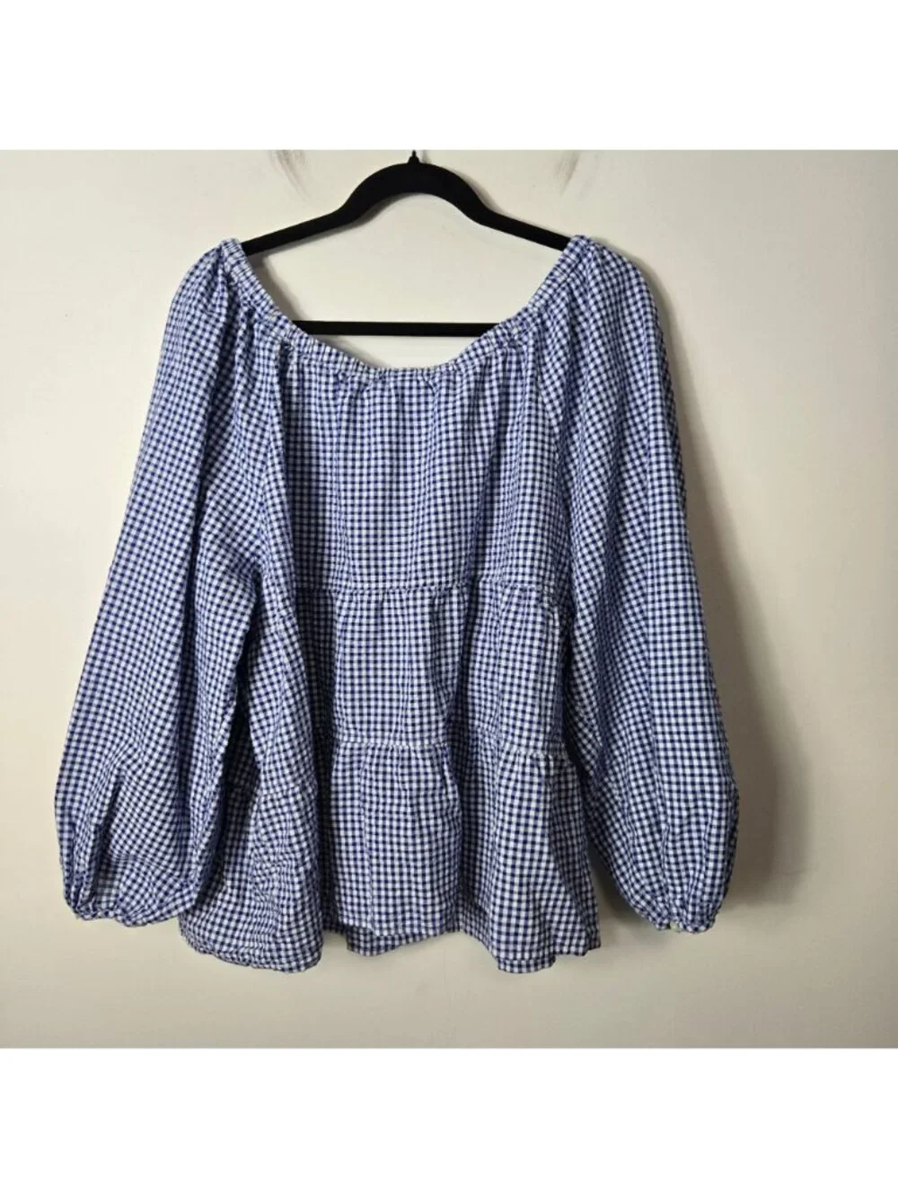 Old Navy Size XXL Tiered Blue Gingham Puff Sleeve Baby Doll Swing Top Empire Wai